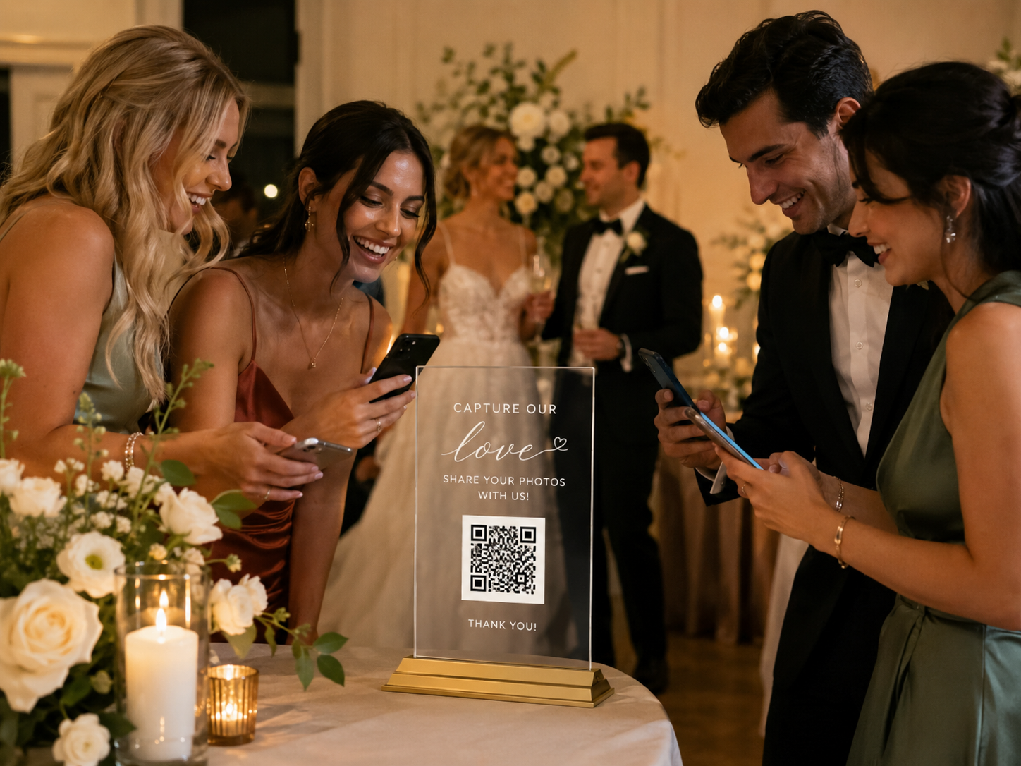 Guests sharing photos at a wedding.