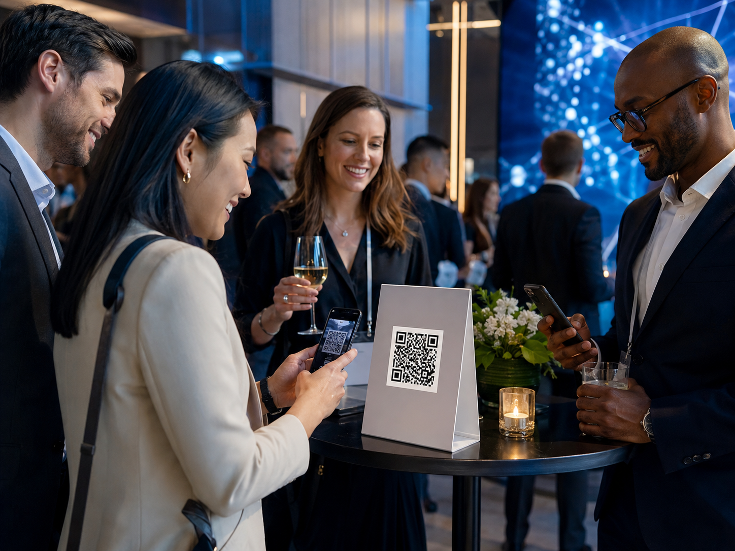 People socialising at a modern event scanning QR Code.