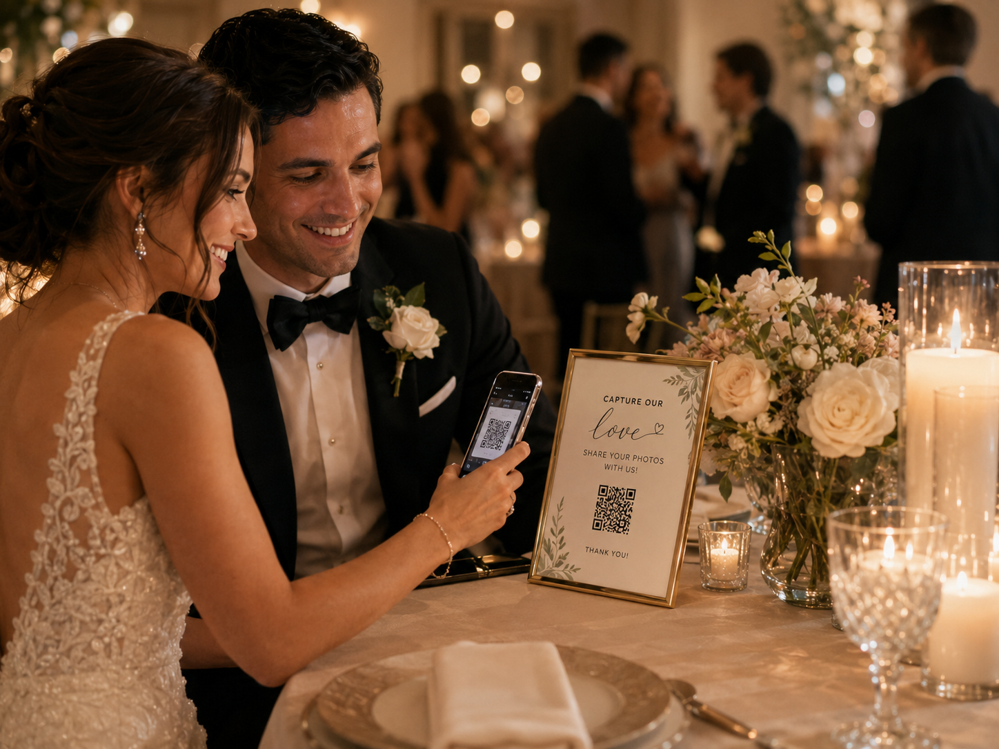 Couple enjoying a wedding reception together.
