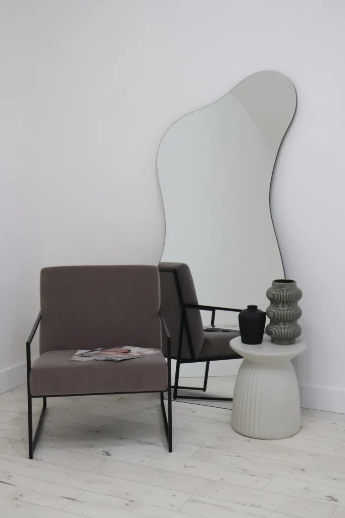 Styled creator studio set with chair, props and irregular mirror