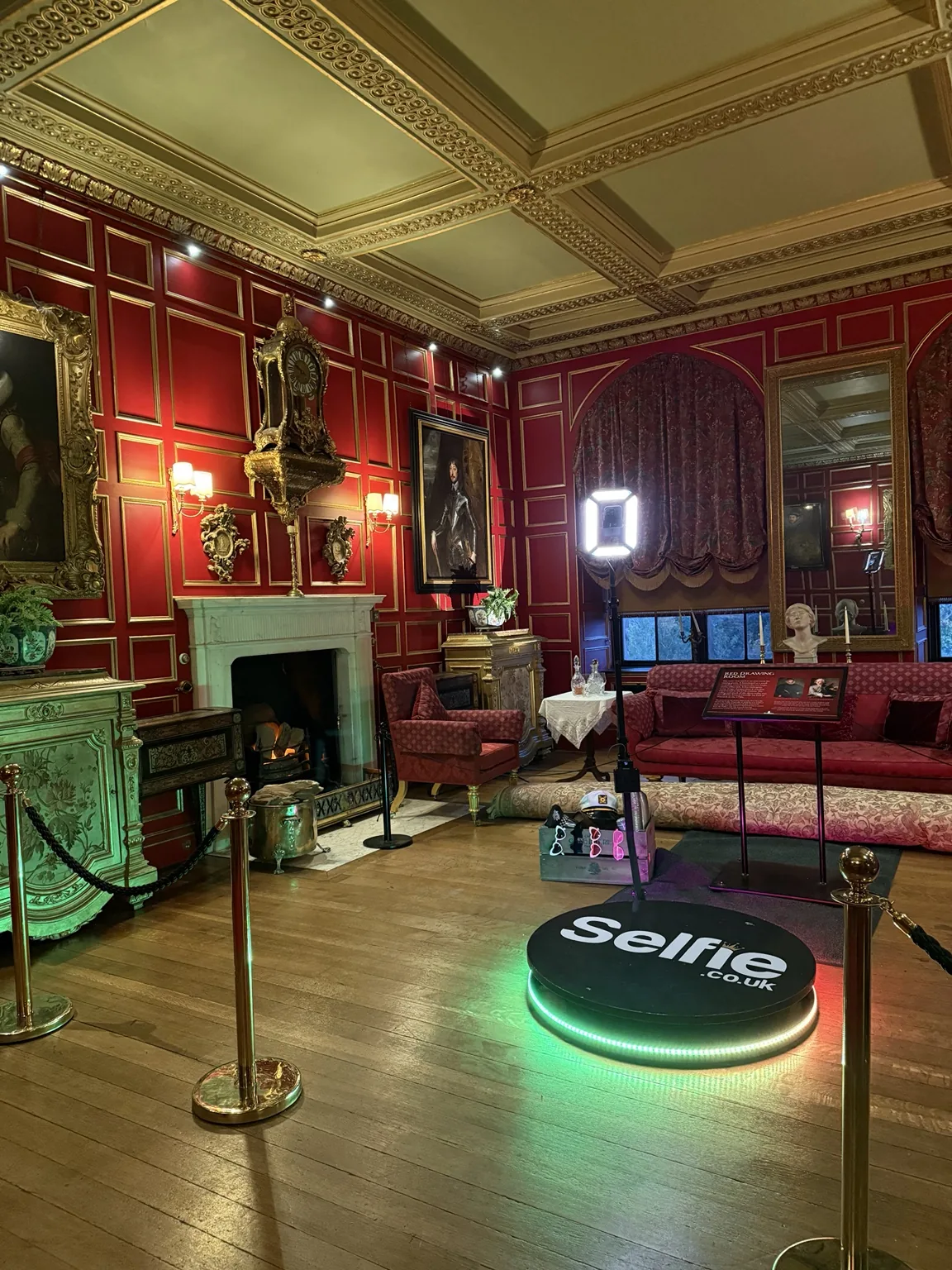 Selfie 360 video booth set up inside Warwick Castle with illuminated platform and ring lighting