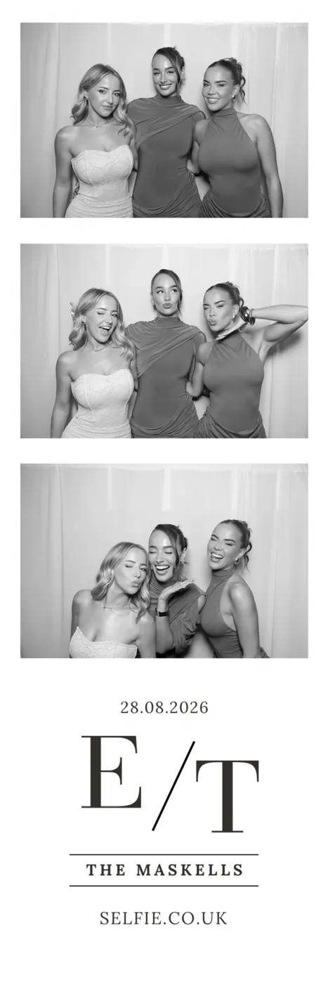 Personalised Selfie wedding photo strip with three black-and-white portraits