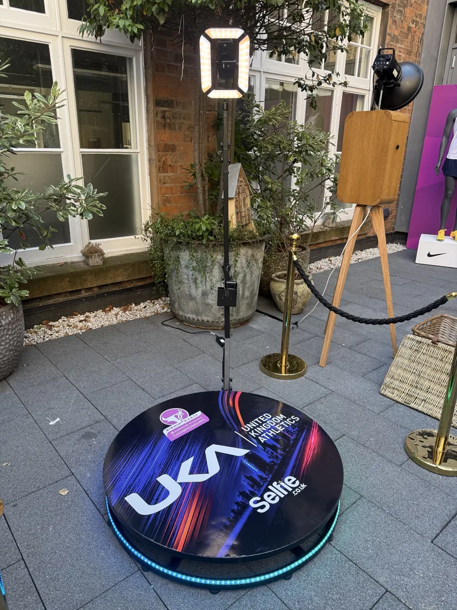 UK Athletics branded 360 booth platform supplied by Selfie