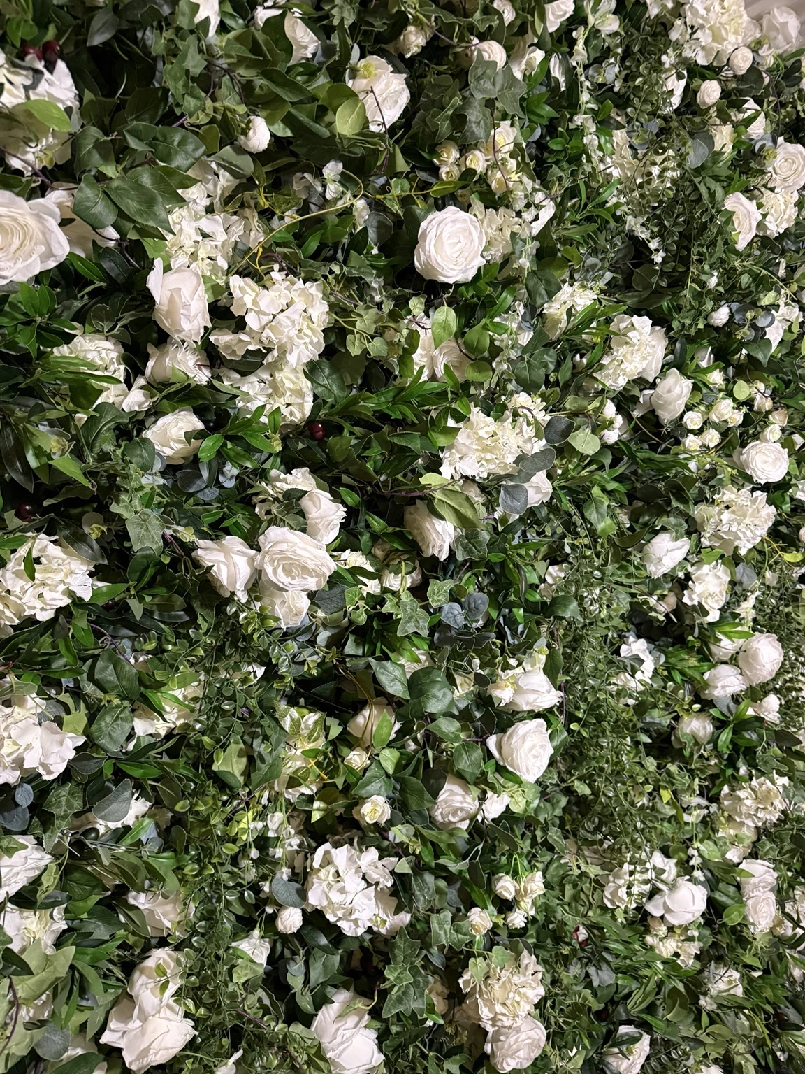 Green foliage wall with white flowers, close-up detail