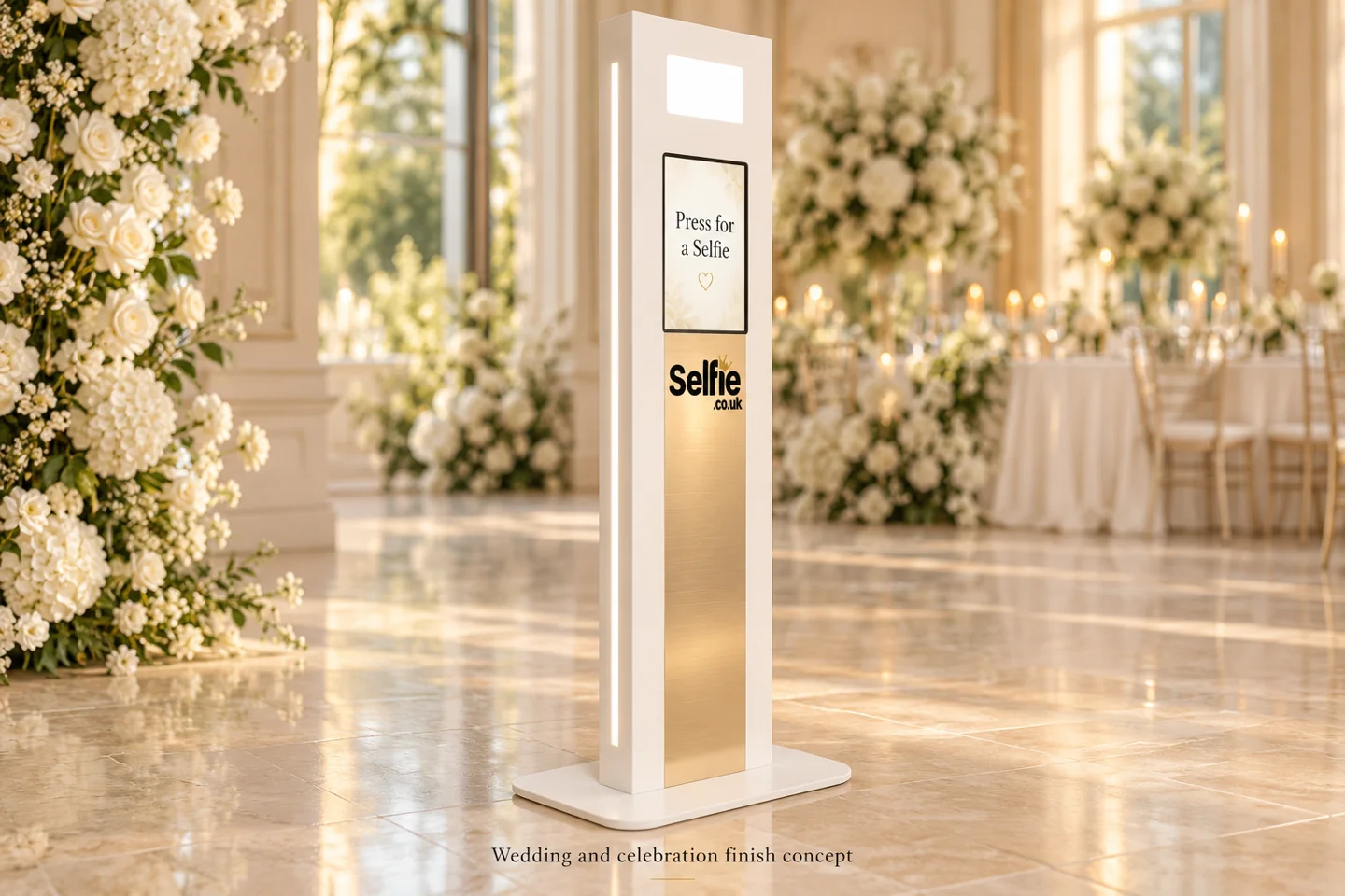 AI design preview of a white Slimline Pod with centred brushed-gold front strip and Selfie.co.uk crown logo
